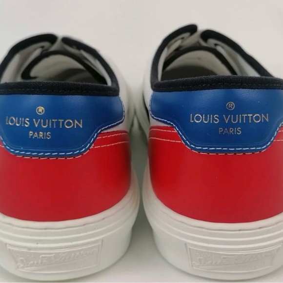 Louis Vuitton leather sneakers with red, blue, and white pattern. - Picture 9 of 14